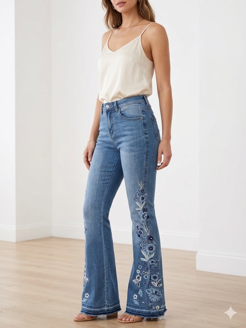 Floral Embroidered High Rise Flare Jeans Size Small Raw Hem Stretch Medium Wash